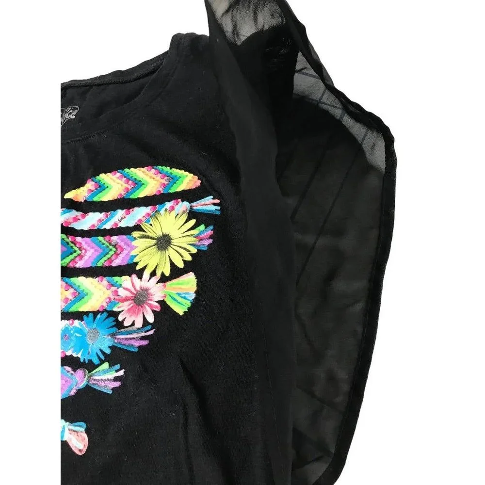 12 Justice Gir's Black Tshirt Heart Flowers Tie Sides Boho Look